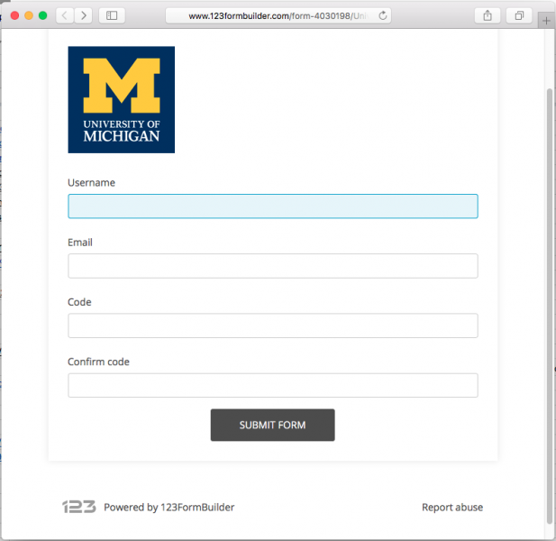A fake U-M login page is presented by the link in the phishing email.
