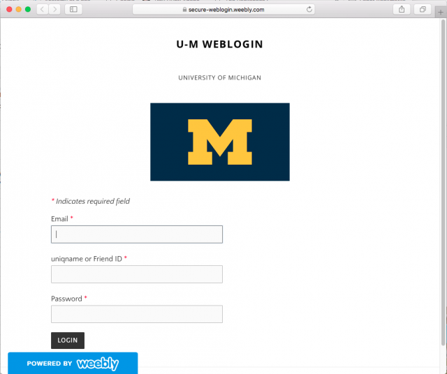 A fake university of Michigan login page is presented by the link in the phishing email.