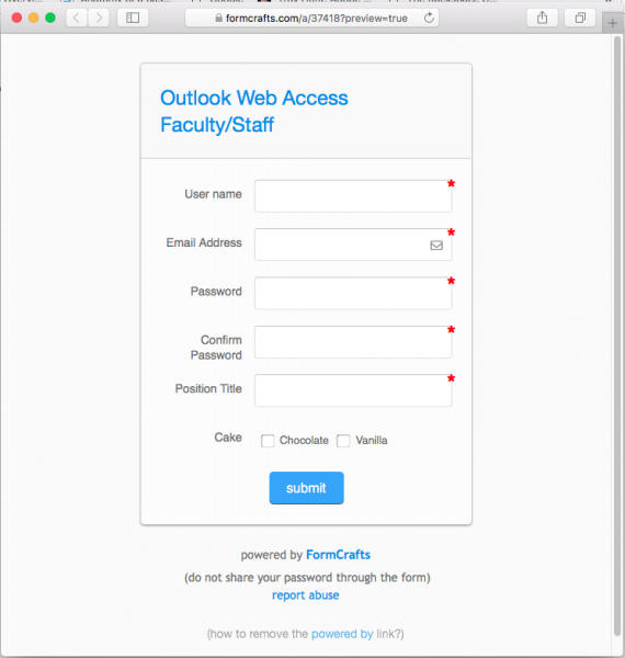 A fake outlook web access form is presented by the link in the phishing email.