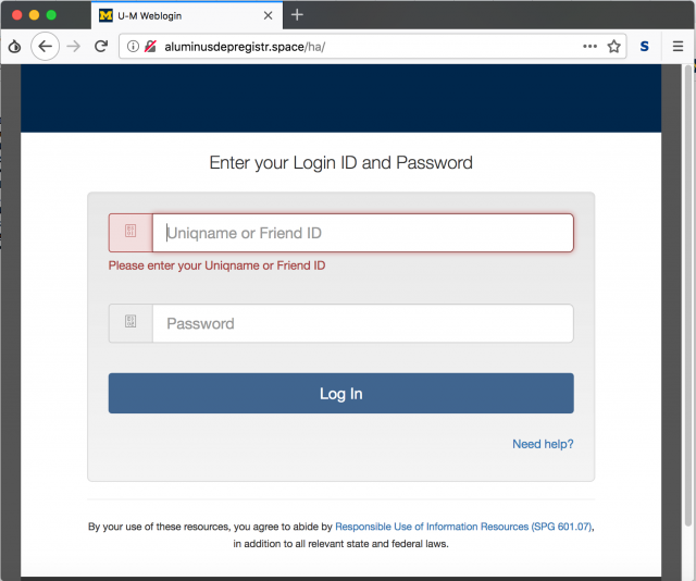 A fake U-M login page is presented by the links in the phishing email.