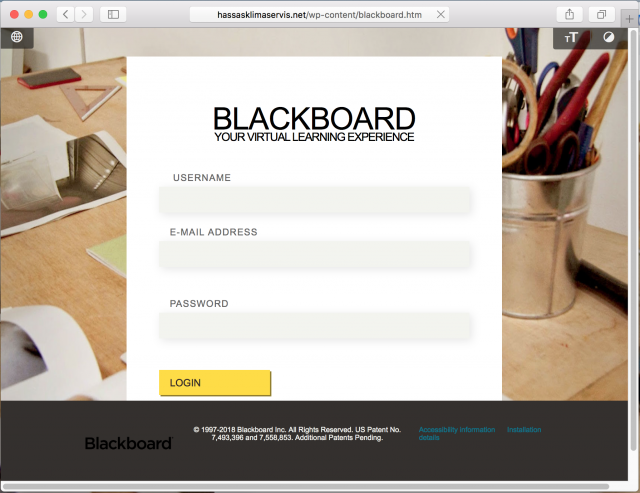 A fake Blackboard login page is presented by the link in the phishing email.