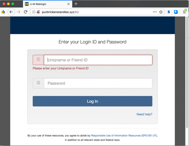 A fake U-M web login page is presented by the link in the phishing email. The fake page has an incorrect URL.