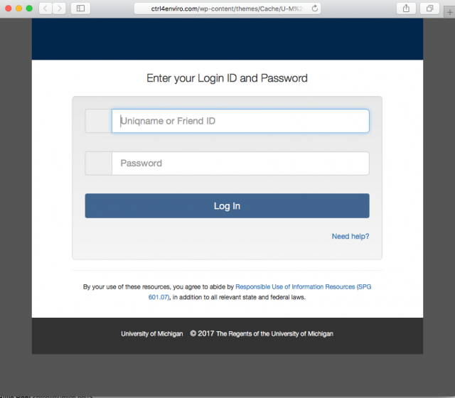 A fake University of Michigan login page is presented by the link.
