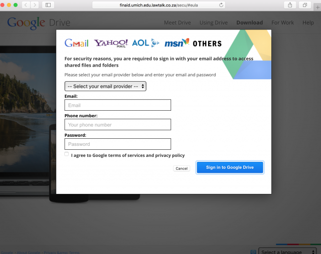 A fake login page is presented by the link.