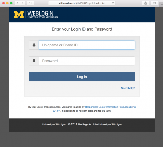 A fake University of Michigan login page is presented by the link.