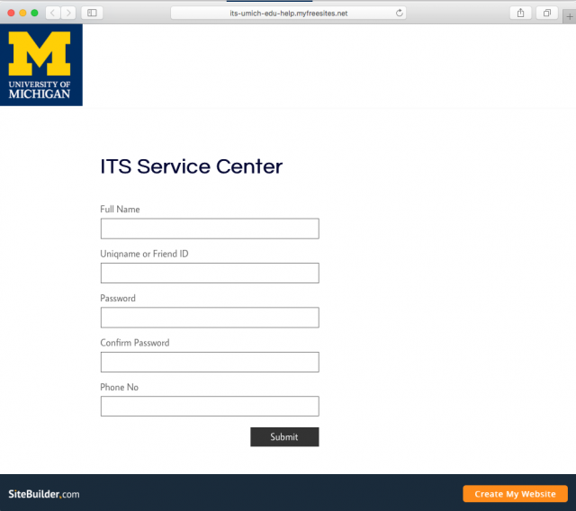 Fake U-M Login page is shown in message.