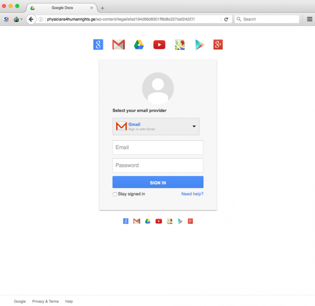 Fake Google login page is presented by link.