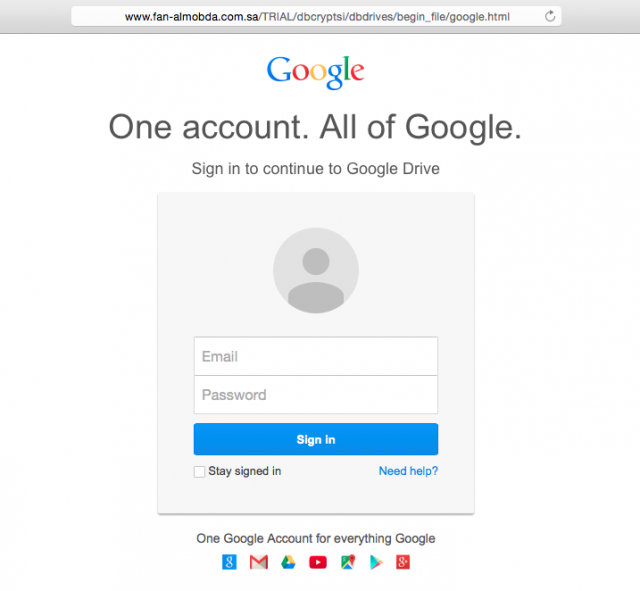 Fake Google login page is presented by link.