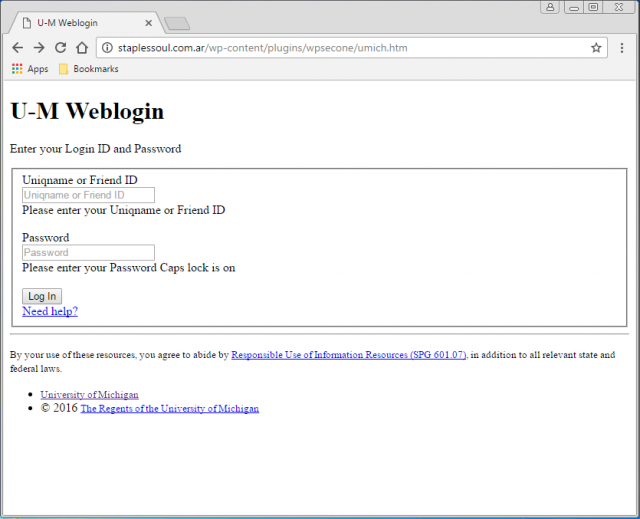 Fake U-M login page is presented by the link.