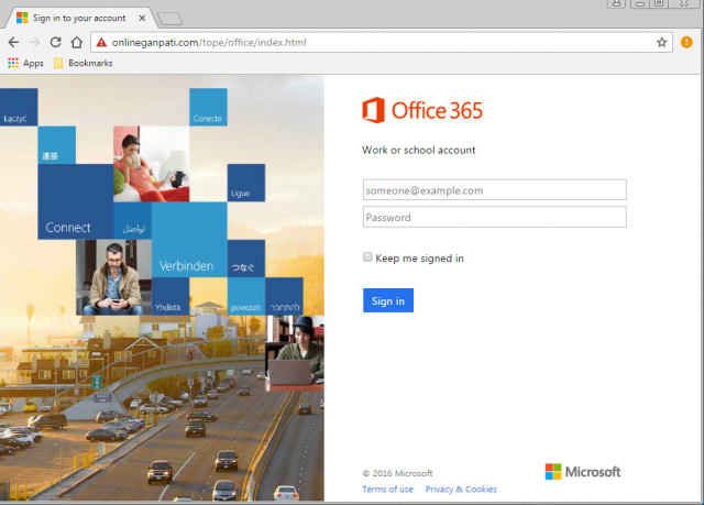 A fake login page is presented by the link.