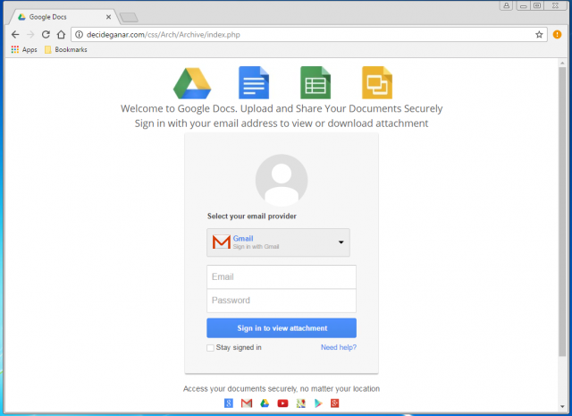 A fake Google login page is presented by the link.