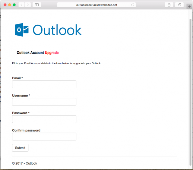 A fake login page is presented by the link.