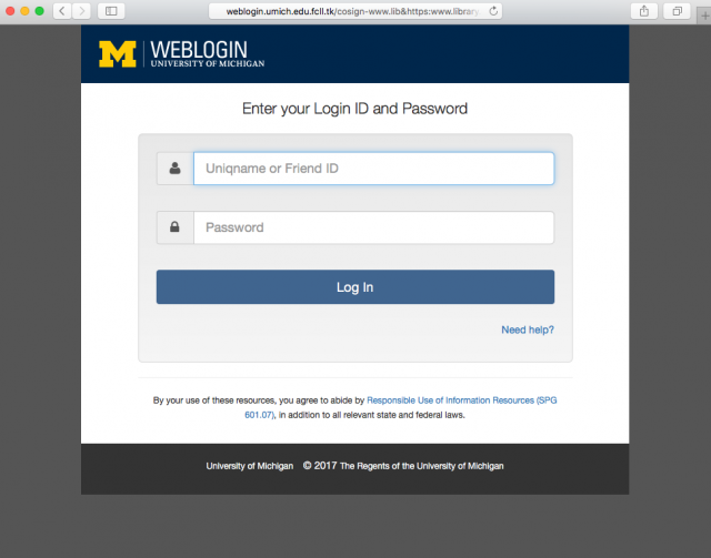 A fake University of Michigan login page is presented by the link.