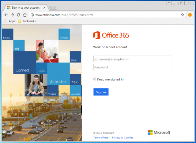 A fake Office login page is presented by the link.