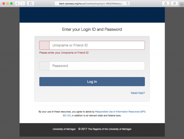A fake University of Michigan login page is presented by the link.