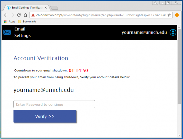 A fake verification page is presented by the link.