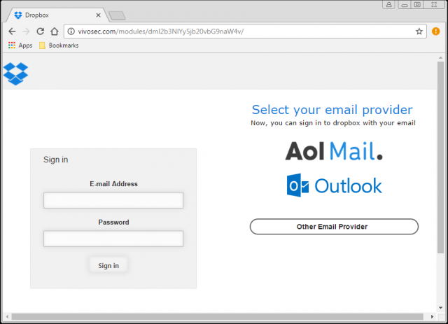 A fake login page is presented by the link.