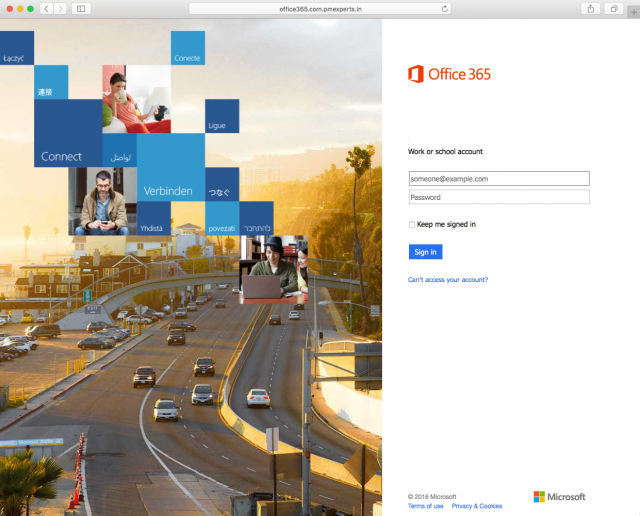 A fake login page is presented by the link.