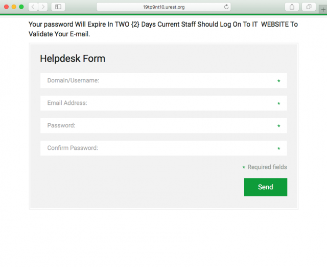 A fake login page is presented by the link.