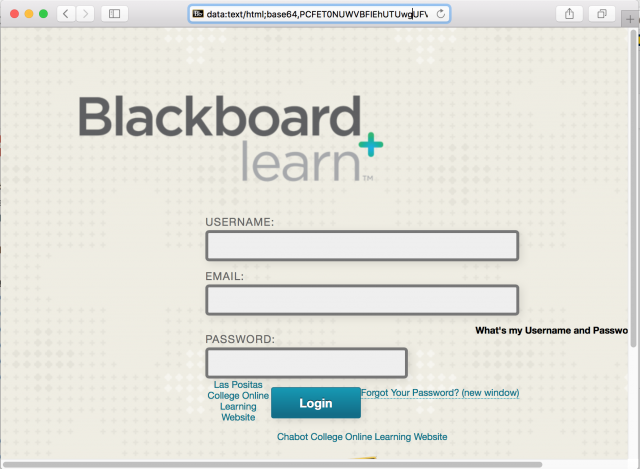 A fake Blackboard login page is presented by the link.