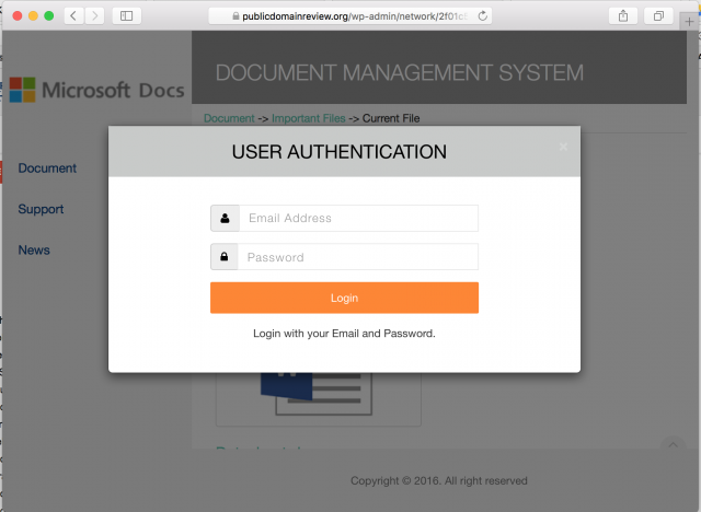 A fake login page is presented by the link.