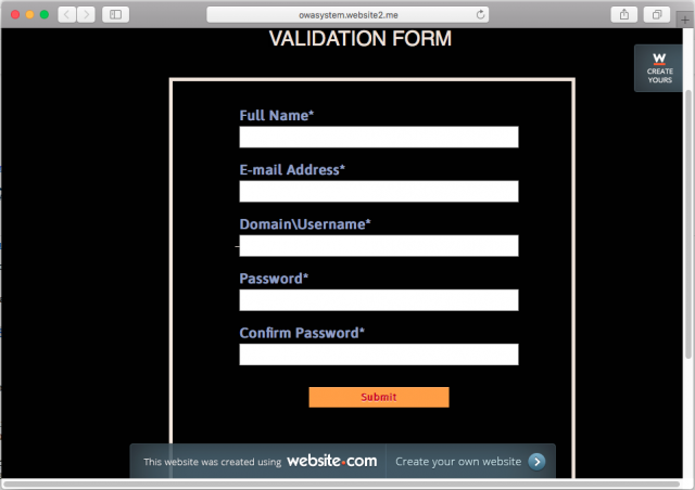 A fake validation form is presented by the link in the email.