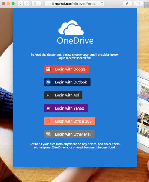 The link in the email leads to a fake One Drive login page.