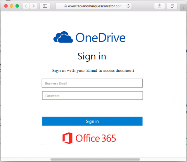 A fake OneDrive sign in page is presented by the links in the phishing email.