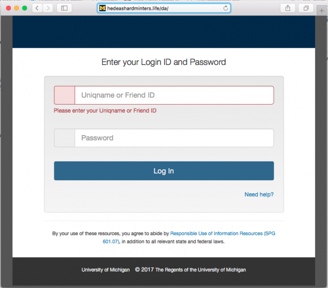 A fake university of Michigan login page is presented by the link in the phishing email.