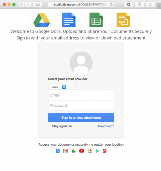 Fake Google login page is presented in the message.