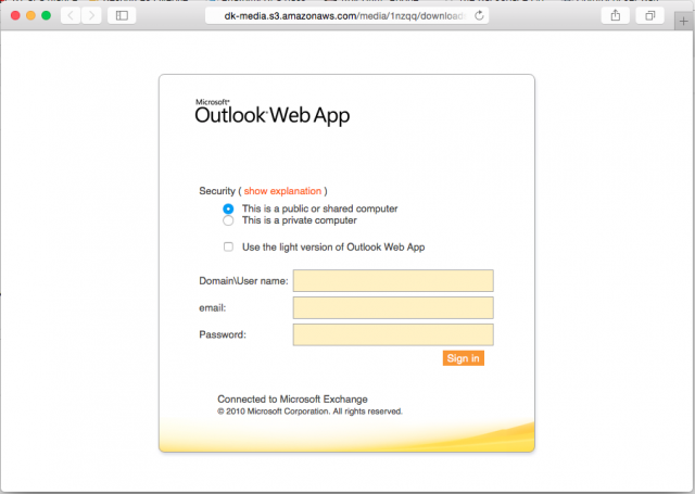 Fake Outlook login page is presented by link.