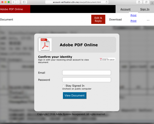 A fake Adobe login page is presented by the link.