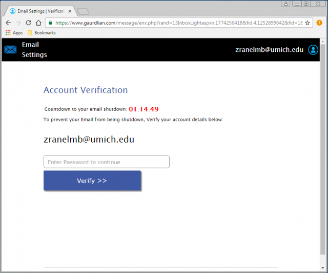 A fake verification page is presented by the link.