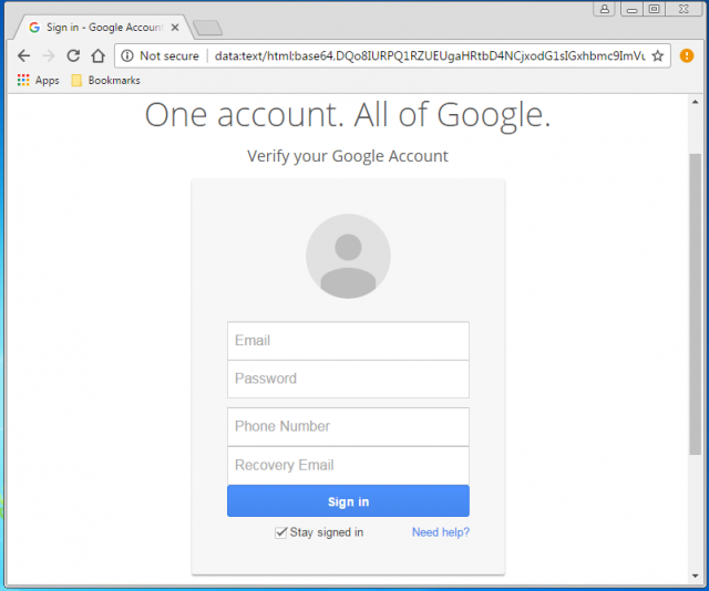 A fake Google login screen is presented by the link.