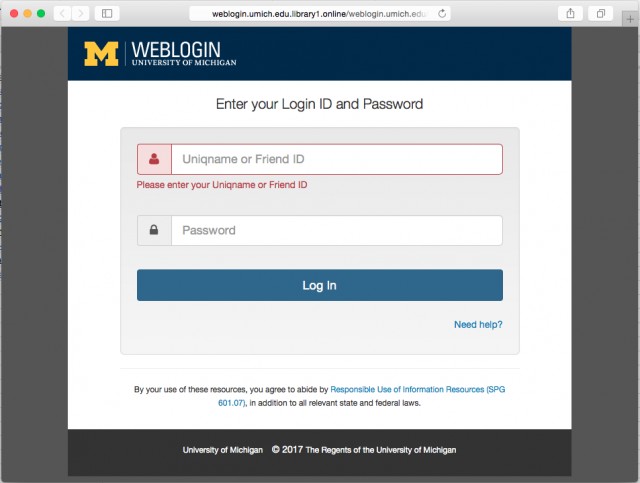 A fake University of Michigan login page is presented by the link.