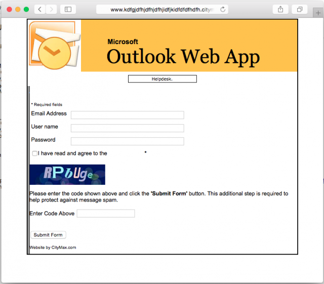 A fake Outlook Web App login is presented by the link.