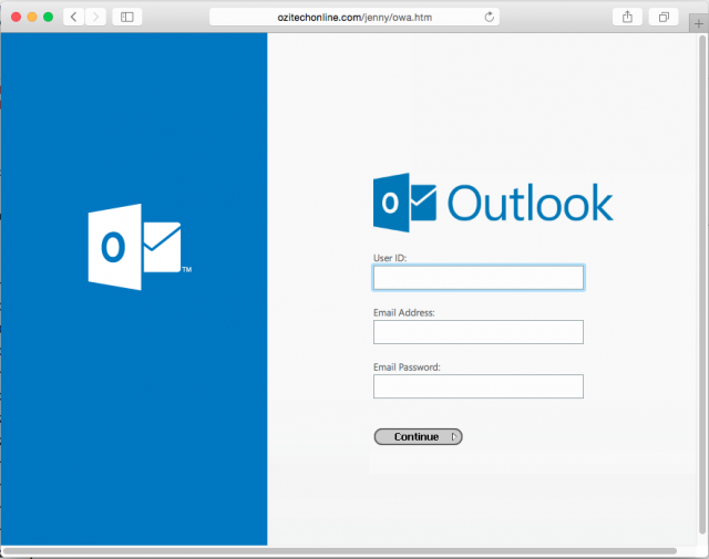 A fake Outlook login page is presented by the link.