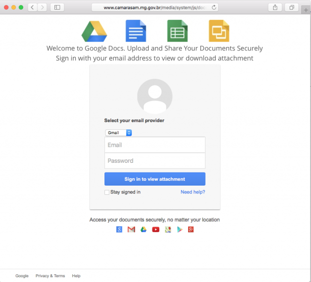 A fake Google docs login page is presented by the link in the email.