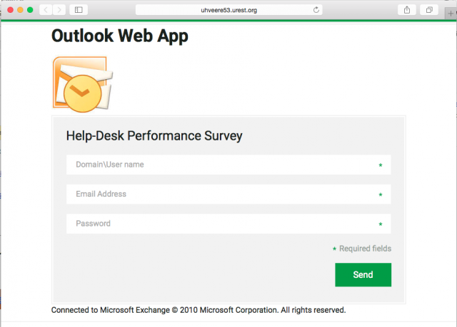 Fake login page is presented in the message.
