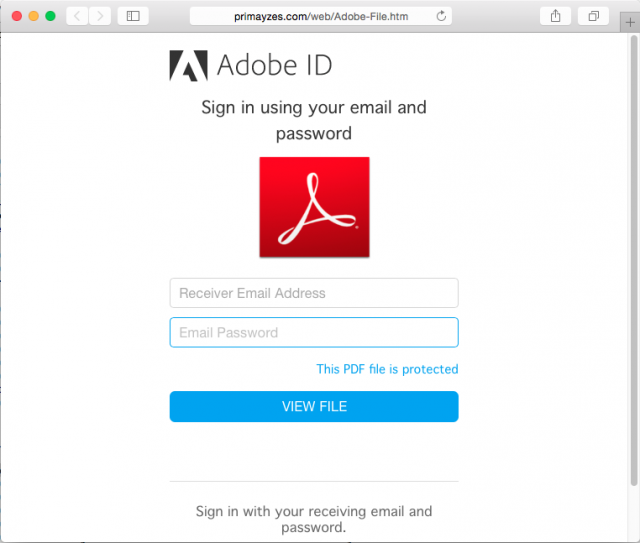 Fake Adobe login page is presented by link.