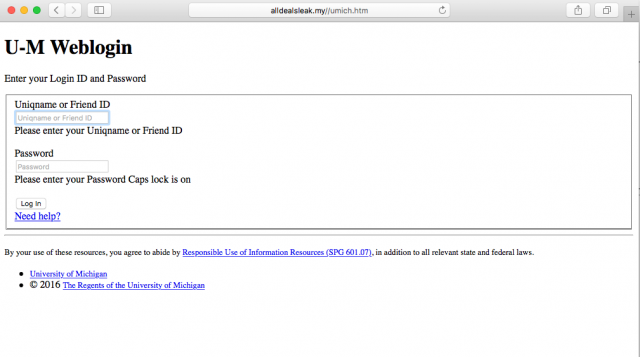 A fake University of Michigan login is presented by the link.