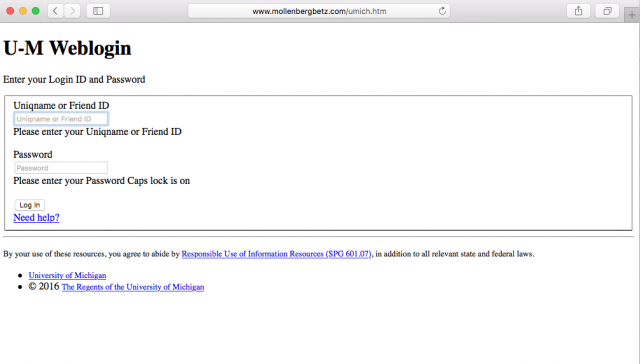 A fake University of Michigan login is presented by the link.