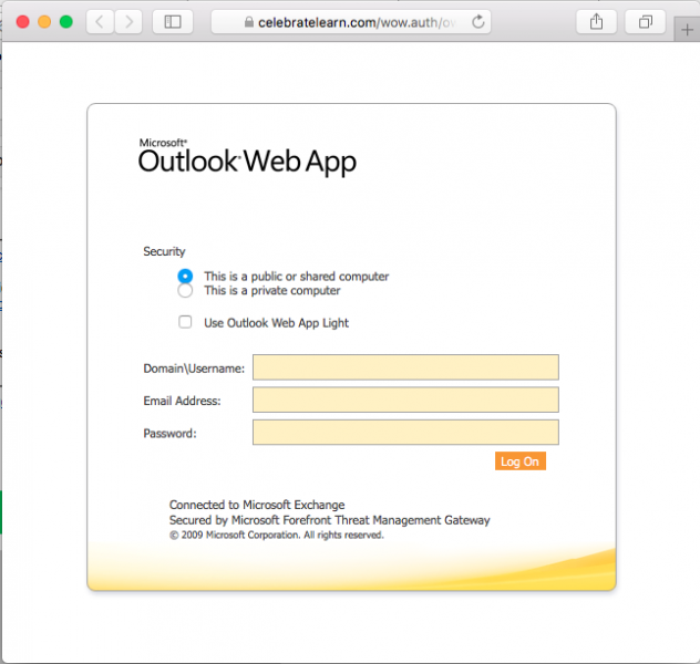 A fake login page is presented by the link.