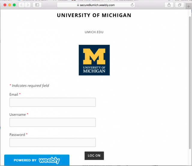 Fraudulent U-M login screen